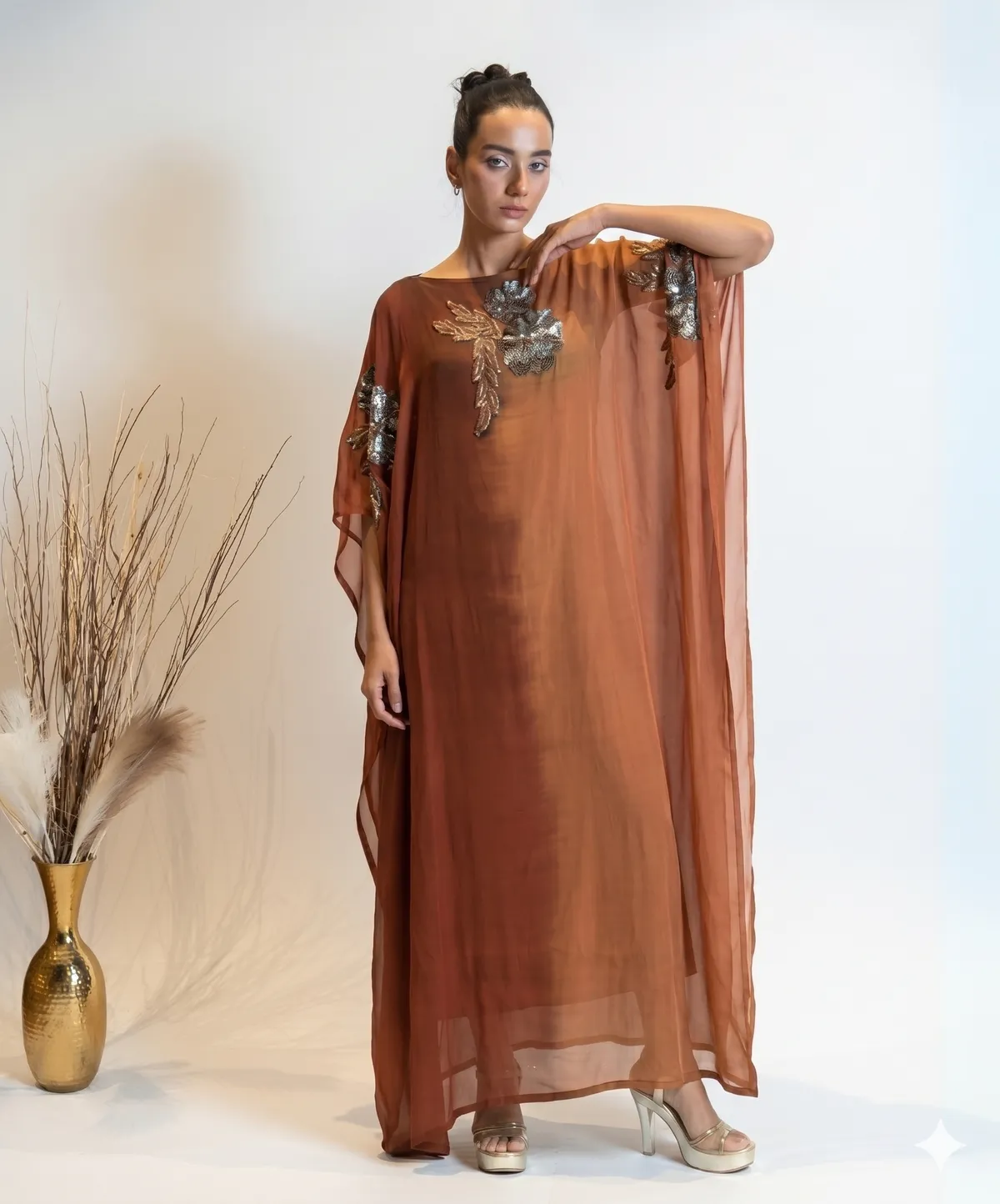 Amber Bronze Hand-Embroidered Party Wear Kaftan Dress For Women
