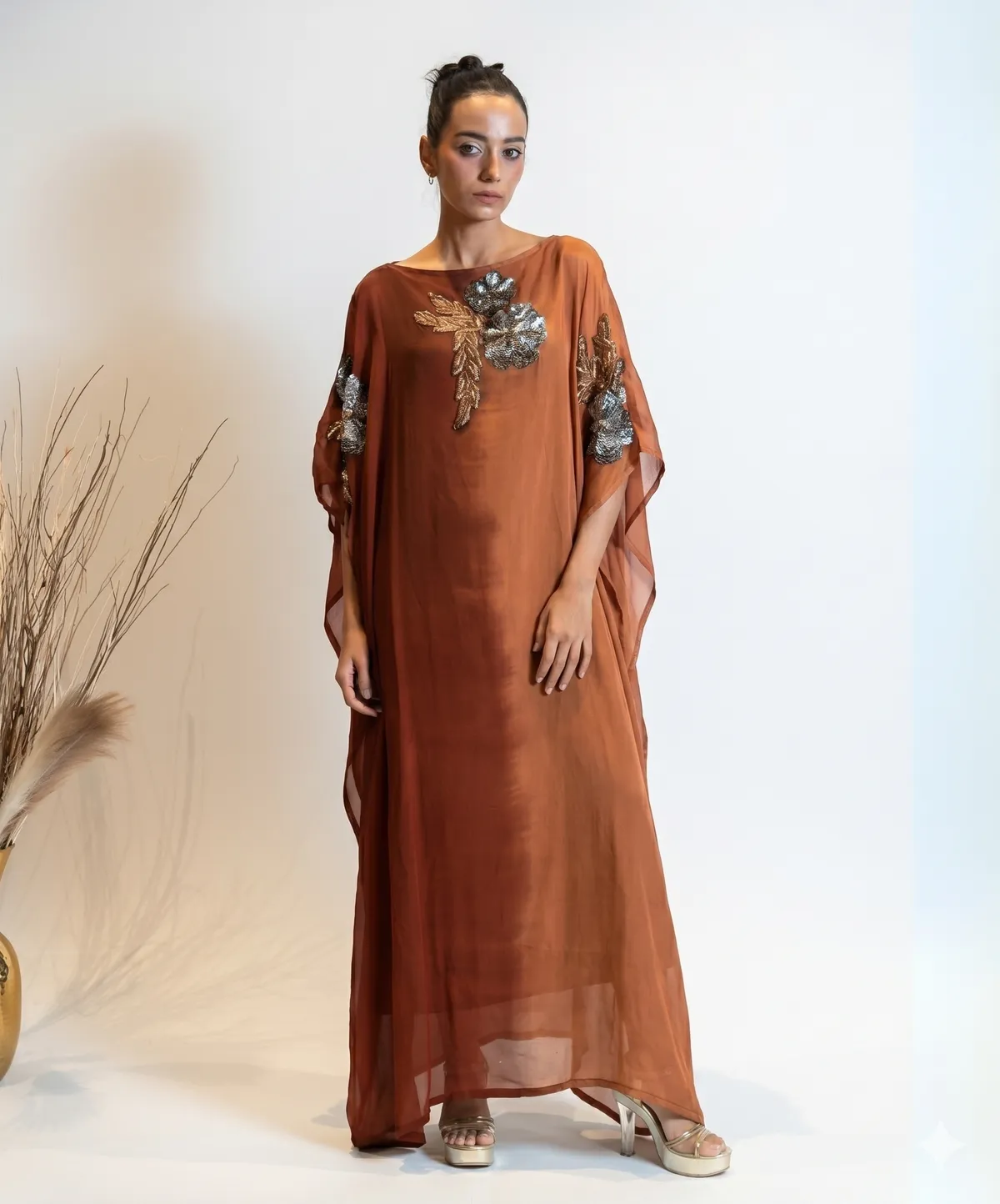 Amber Bronze Hand-Embroidered Party Wear Kaftan Dress For Women