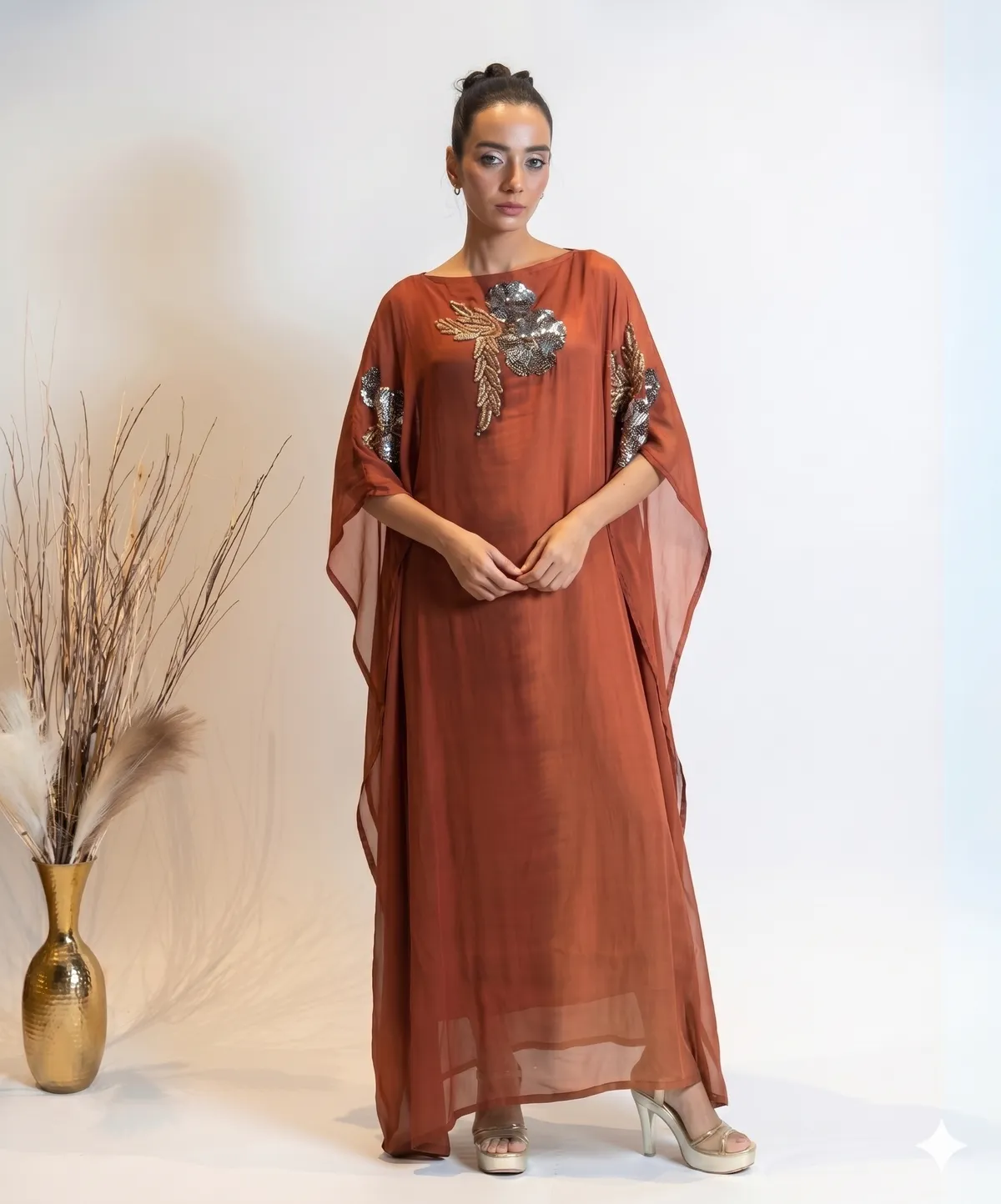Amber Bronze Hand-Embroidered Party Wear Kaftan Dress For Women