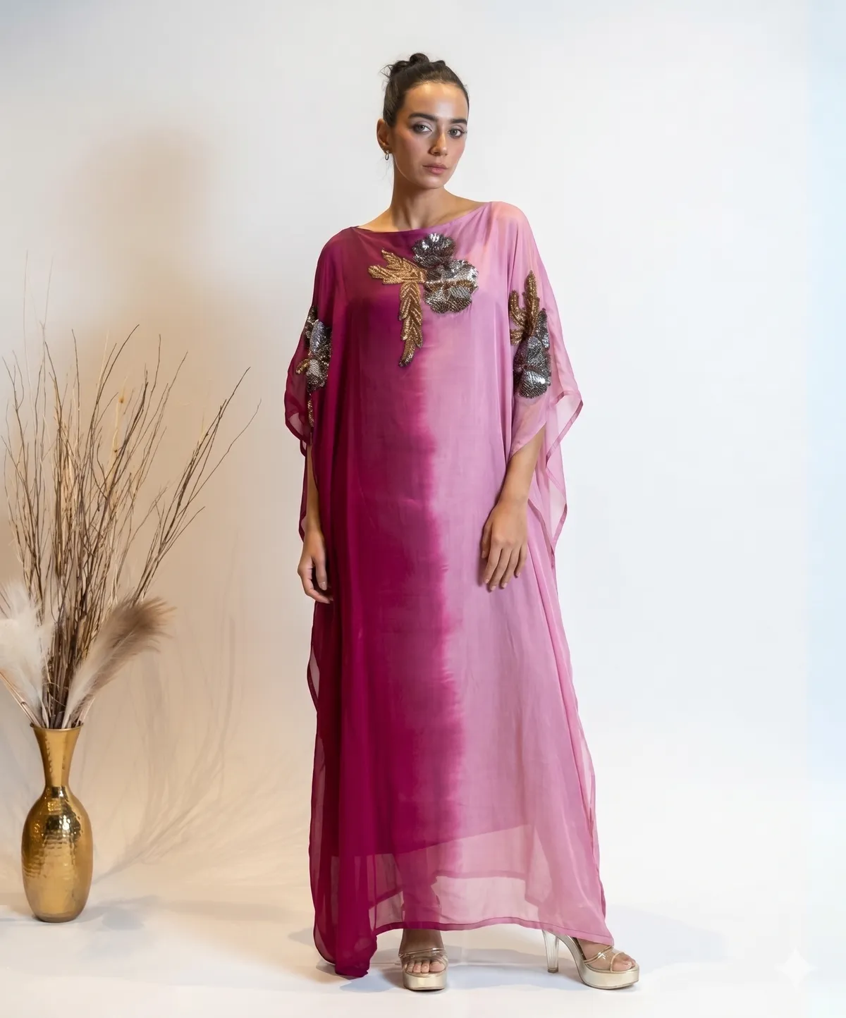 Fuchsia Ombre Silk Kaftan with Zardosi Floral Embroidery Dress For Women