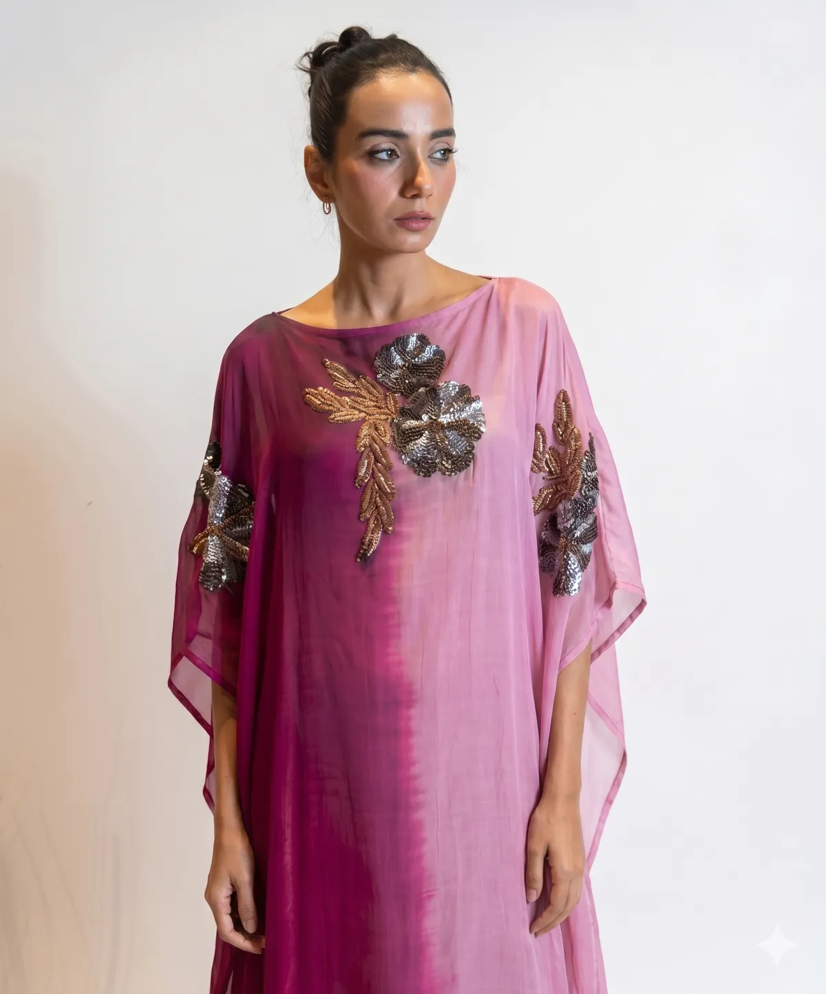 Fuchsia Ombre Silk Kaftan with Zardosi Floral Embroidery Dress For Women