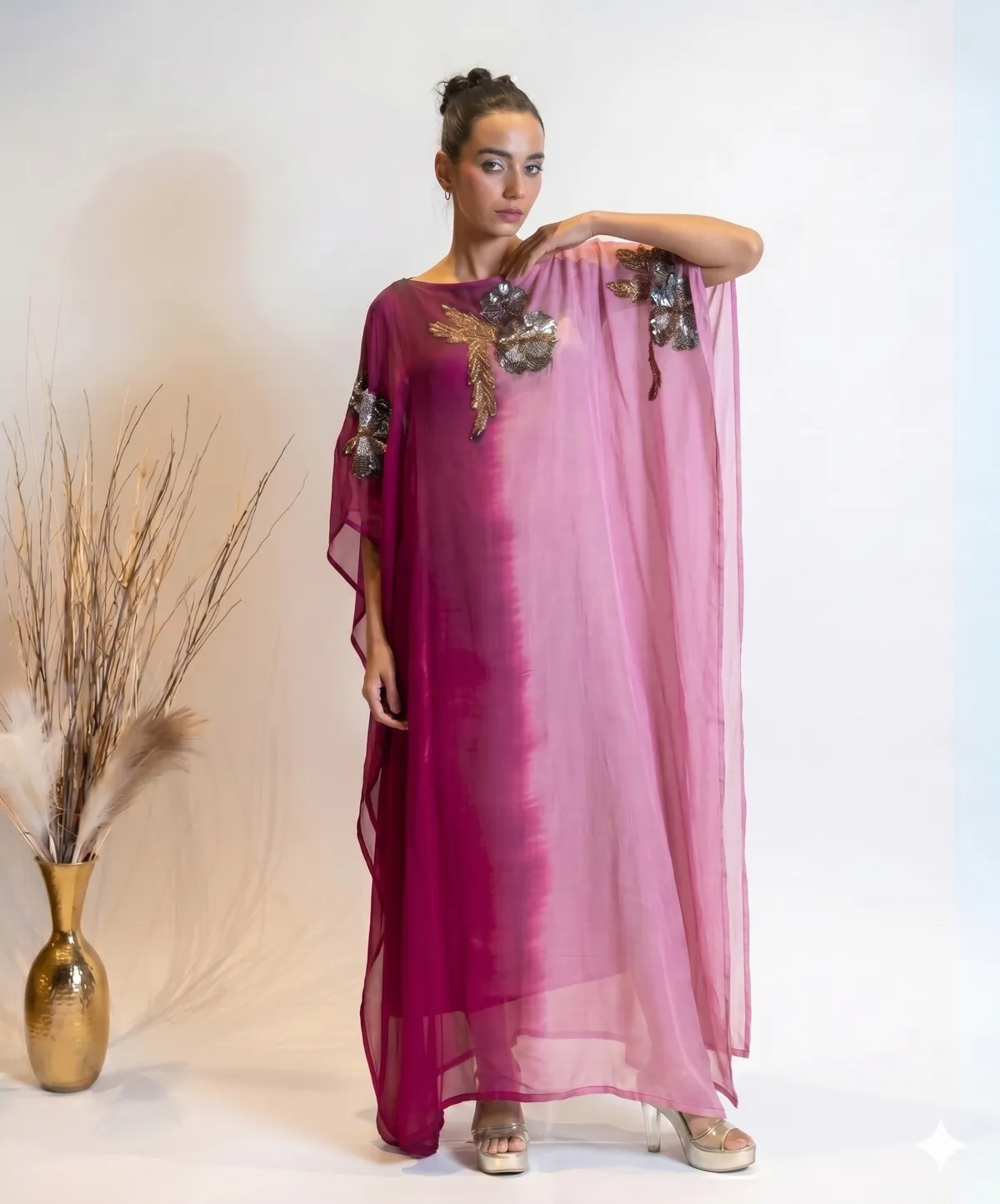 Fuchsia Ombre Silk Kaftan with Zardosi Floral Embroidery Dress For Women