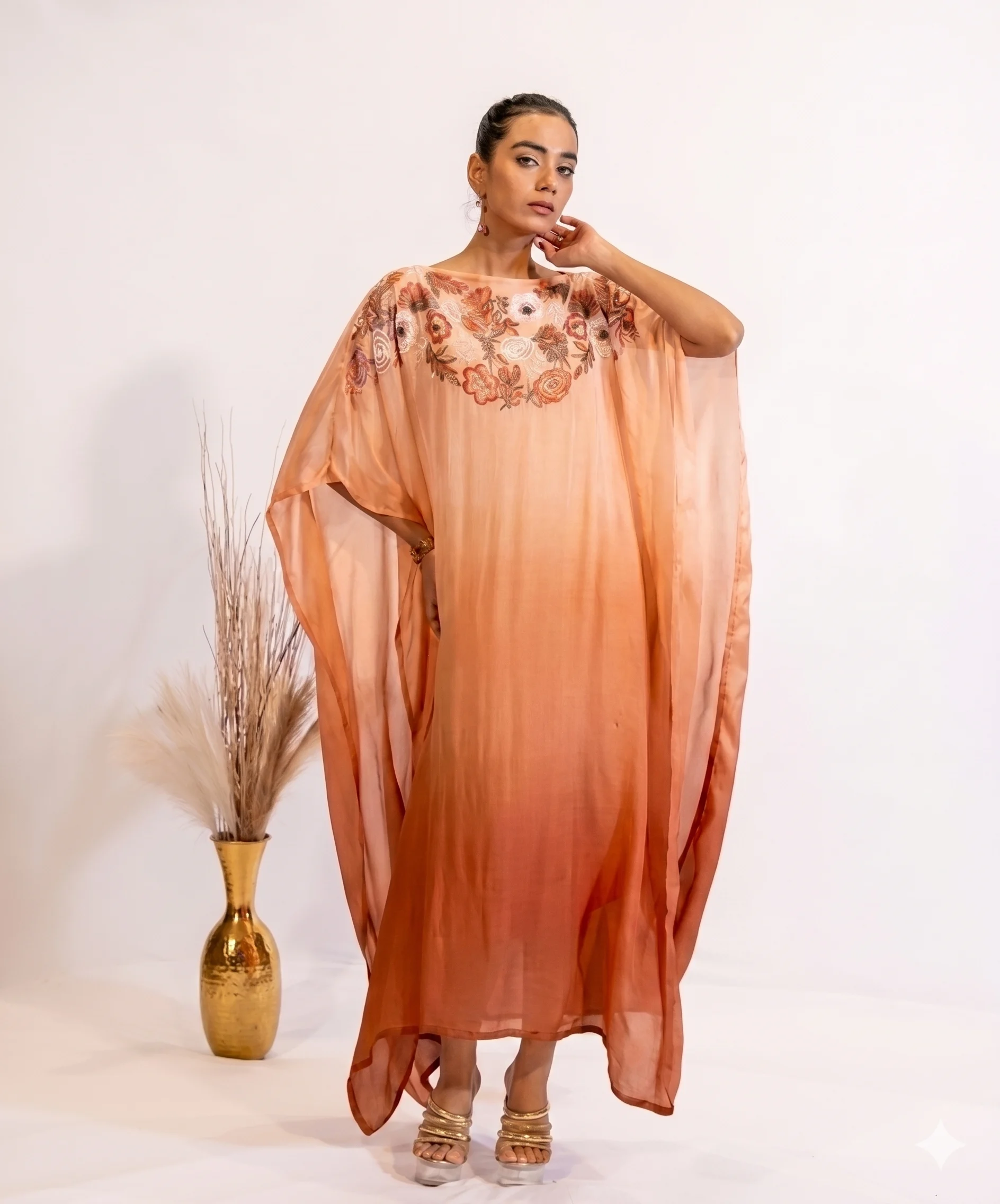 Rust Gradient Sequin-Embroidered Sheer Kaftan Dress For Women
