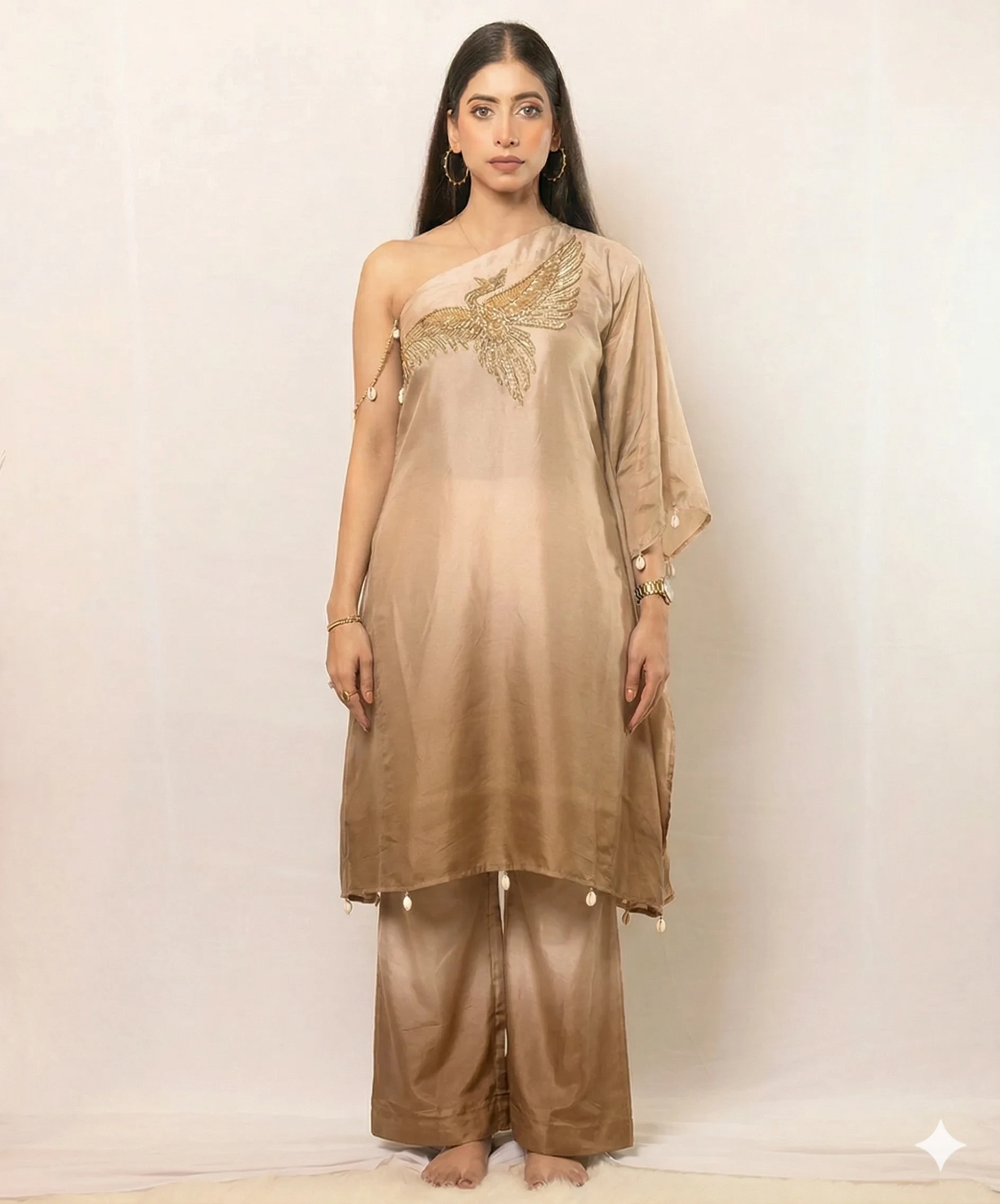 Ivory Light Brown Flight One-Shoulder Co-ord Set For Women