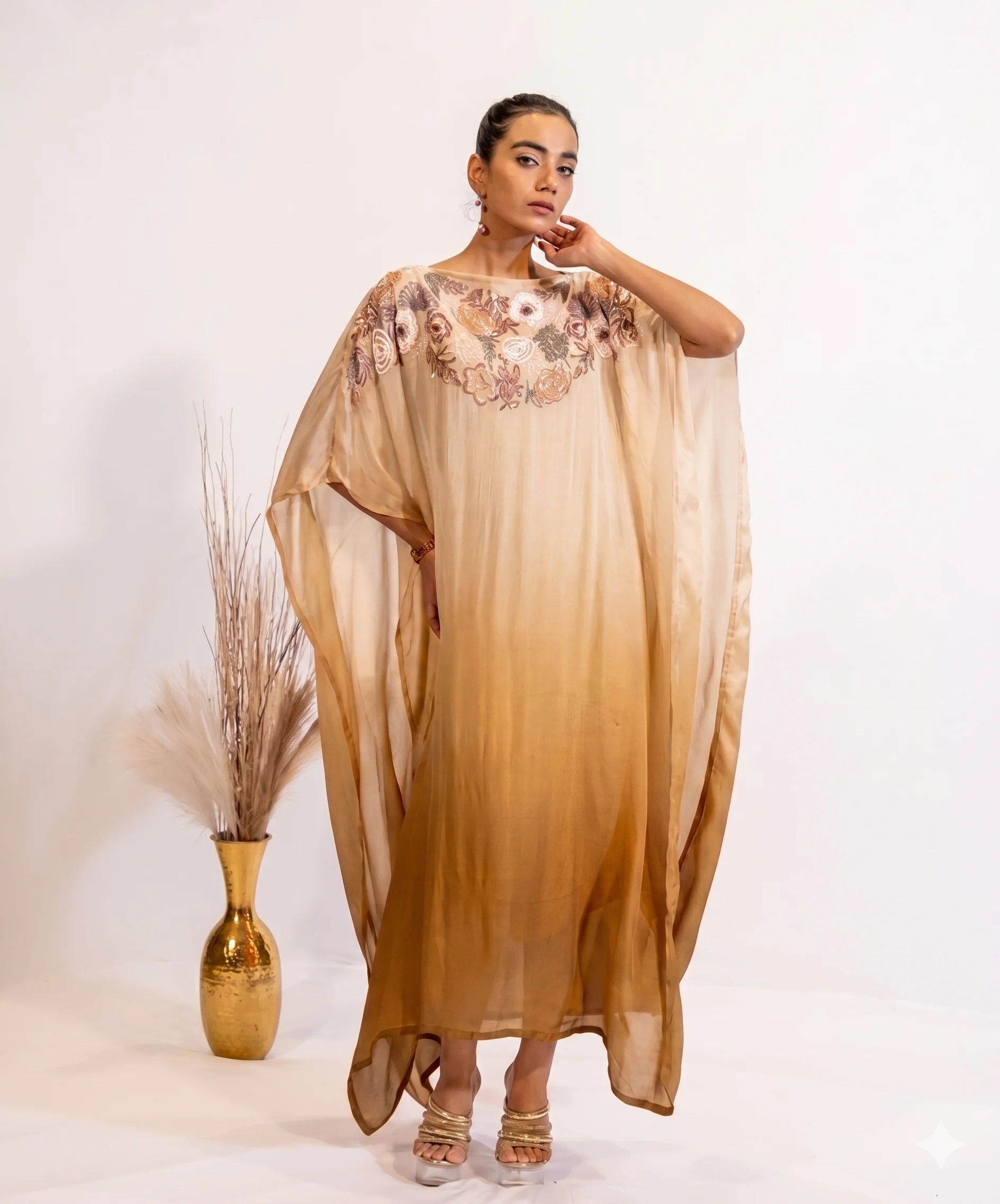 Hand-Embroidered Beige Ombre Sheer Kaftan Dress For Women