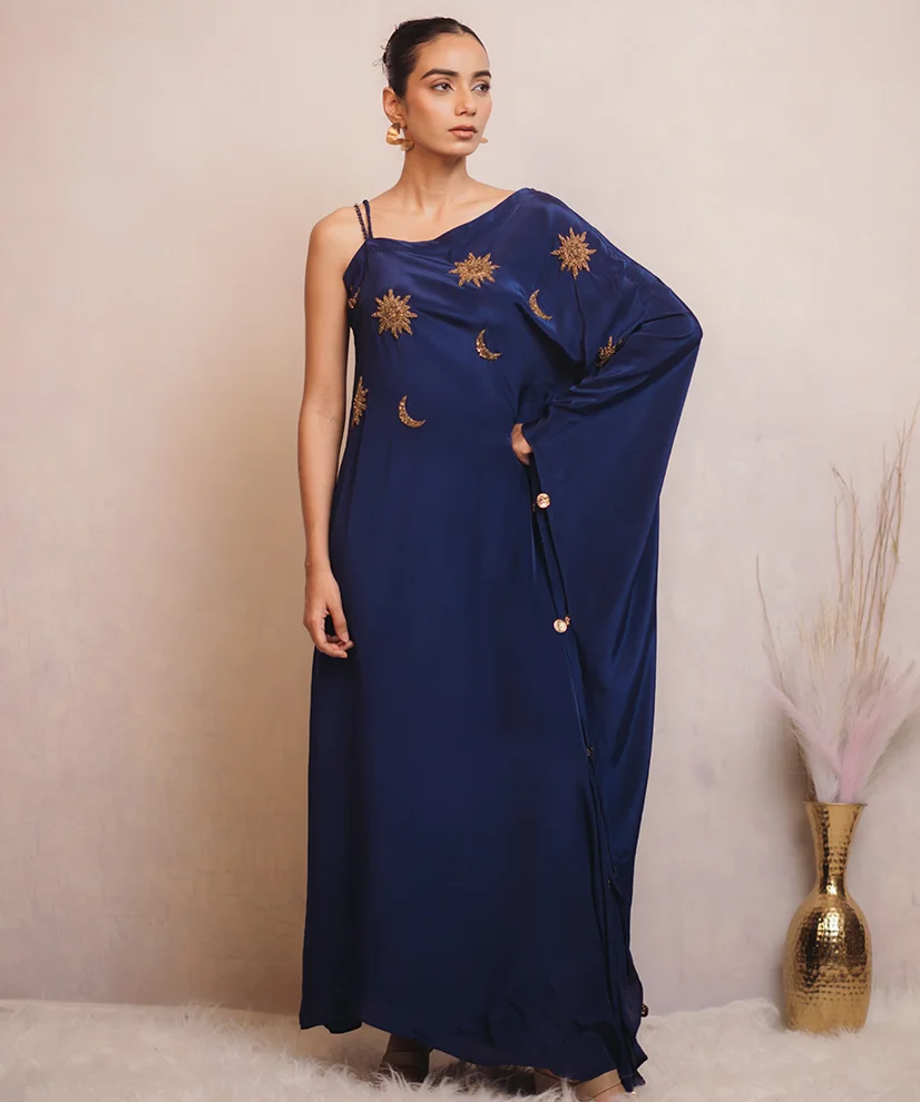 Midnight Sapphire Celestial Crepe Dress For Women